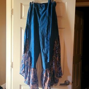 Bell bottom mixed material jeans